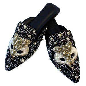 Black Fox Print Slip-On Loafers Sparkling Rhinestones & Pearl Embellishments 7.5